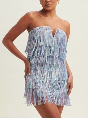 Strapless Pastel Fringe Mini Dress